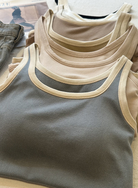 复古拼色胸垫一体无缝背心女夏季新款修身显瘦吊带打底衫U领上衣