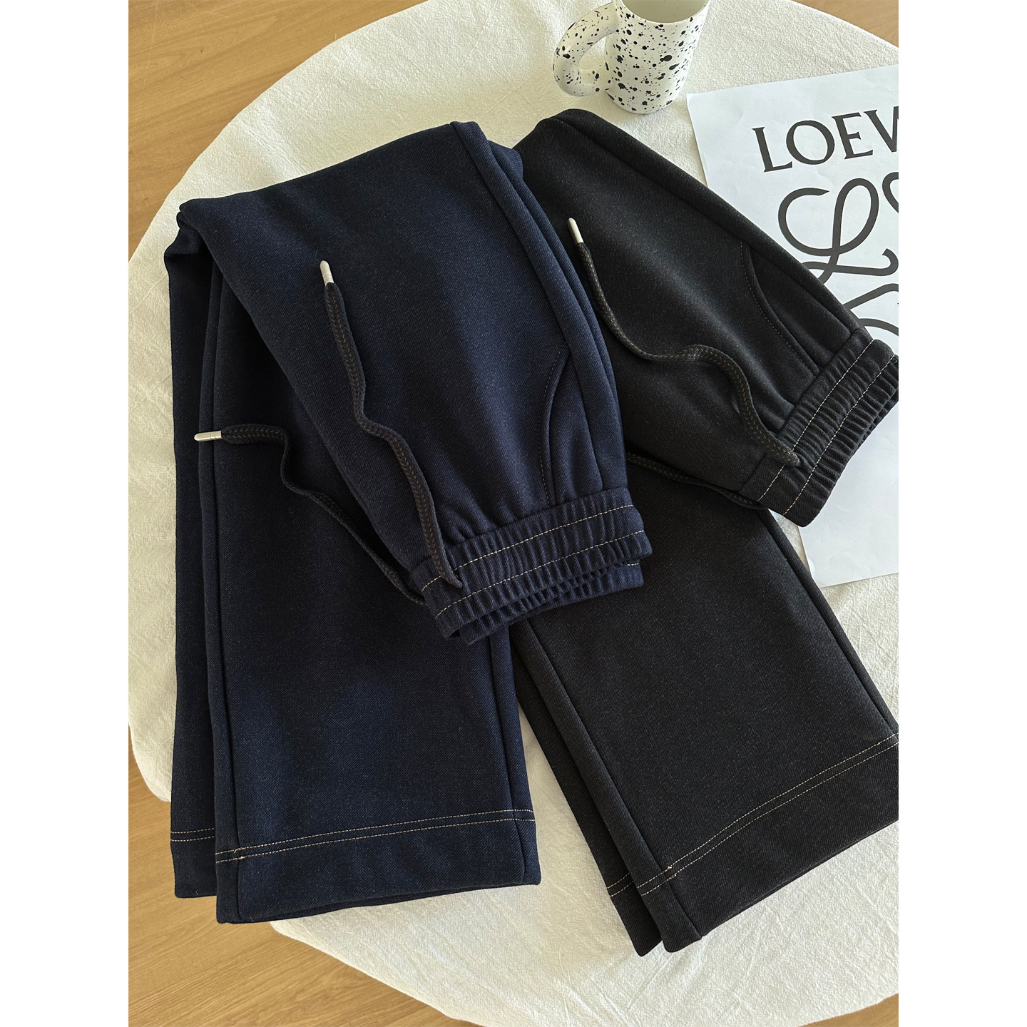 冬季新款明线设计加绒加厚牛仔裤女休闲百搭显瘦直筒松紧腰阔腿裤,女装/女士精品,休闲裤,淘宝优惠券,粉丝福利购,淘宝优惠卷