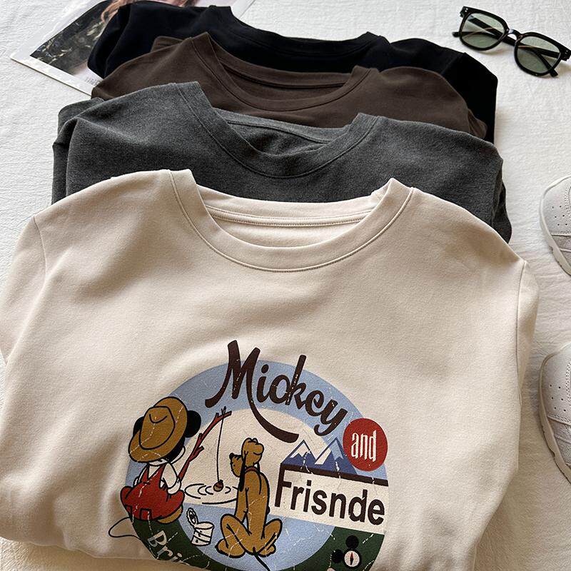 美式复古加厚磨毛卡通印花长袖T恤女秋冬宽松休闲内搭圆领打底衫,女装/女士精品,T恤,淘宝优惠券,粉丝福利购,淘宝优惠卷