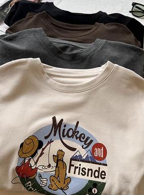 美式复古加厚磨毛卡通印花长袖T恤女秋冬宽松休闲内搭圆领打底衫
