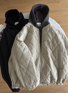 韩版设计感假两件撞色连帽菱格棉衣女冬季新款宽松显瘦保暖外套潮