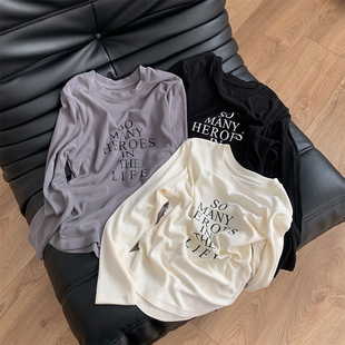 T恤女百搭减龄上衣 显瘦正肩长袖 2026春韩版 字母圆领印花褶皱修身