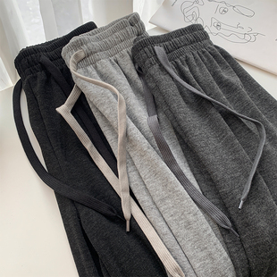 高腰垂感宽松薄绒百搭直筒运动休闲针织长裤 雪花糯米阔腿裤 女秋季
