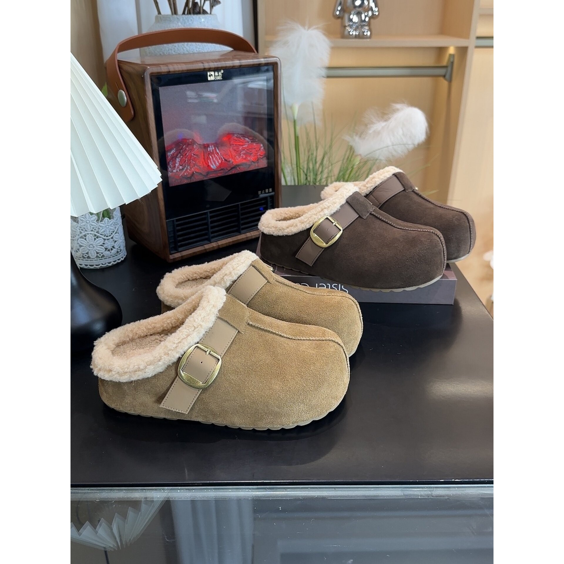 [明星同款]增高5cm厚底加绒冬季勃肯鞋半拖2025新真皮毛毛懒人勃