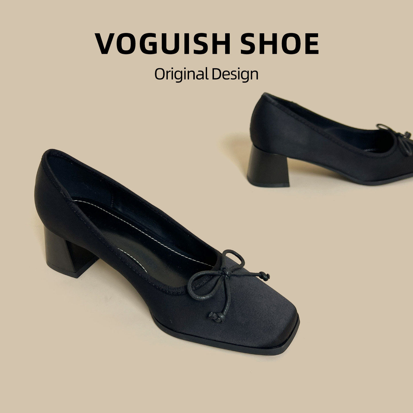 [明星同款]法式芭蕾风浅口单鞋女黑色绸缎蝴蝶结粗跟玛丽珍鞋绝美,女鞋,浅口单鞋,淘宝优惠券,粉丝福利购,淘宝优惠卷