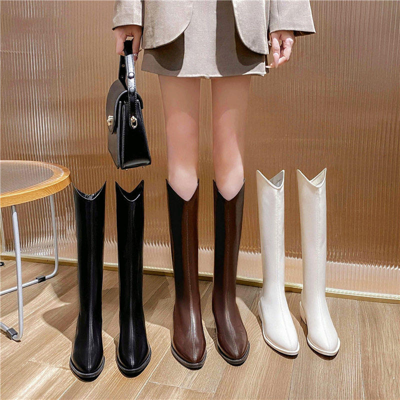 [明星同款]真皮棕色V口西部牛仔靴不过膝2024新款长靴女高筒粗跟,女鞋,西部靴,淘宝优惠券,粉丝福利购,淘宝优惠卷