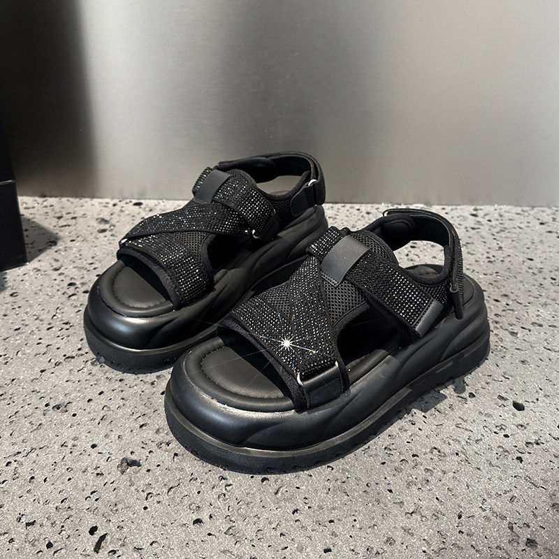 [明星同款]水钻厚底凉鞋女2025新款夏季百搭魔术贴休闲松糕罗马鞋,女鞋,休闲凉鞋,淘宝优惠券,粉丝福利购,淘宝优惠卷