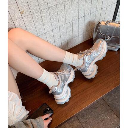 [明星同款]小个子2026新款春季银色网面增高厚底女鞋运动休闲超好
