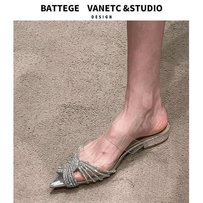 [明星同款]透明水钻凉鞋女2024秋季新款pvc尖头平底鞋性感一字带