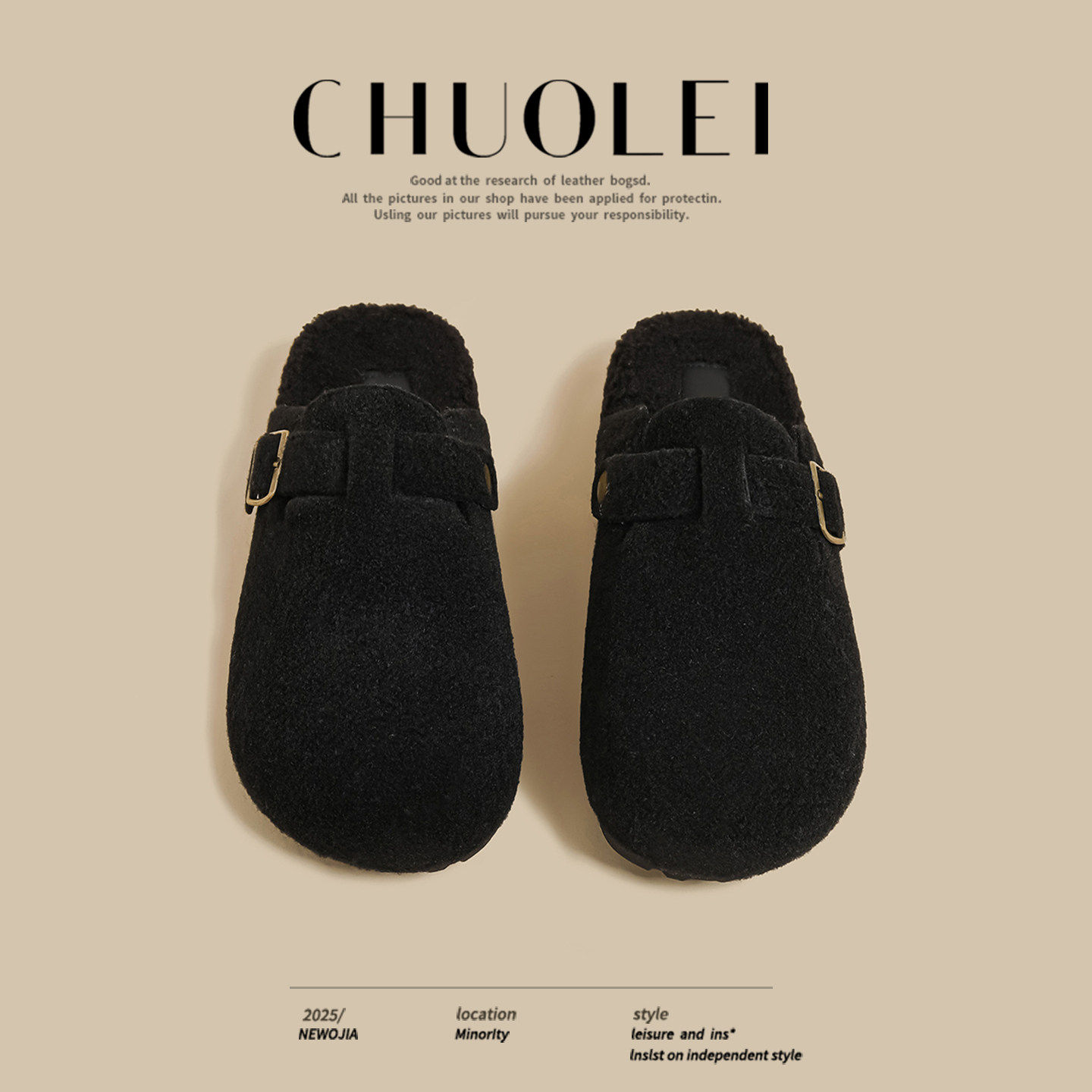 [明星同款]2026秋冬季新款包头半拖乐福鞋女黑色加绒勃肯鞋复古一