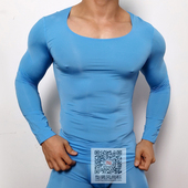 男士 轻薄性感T恤打大圆领低领打底紧身衣冰丝半透压缩服 健身长袖