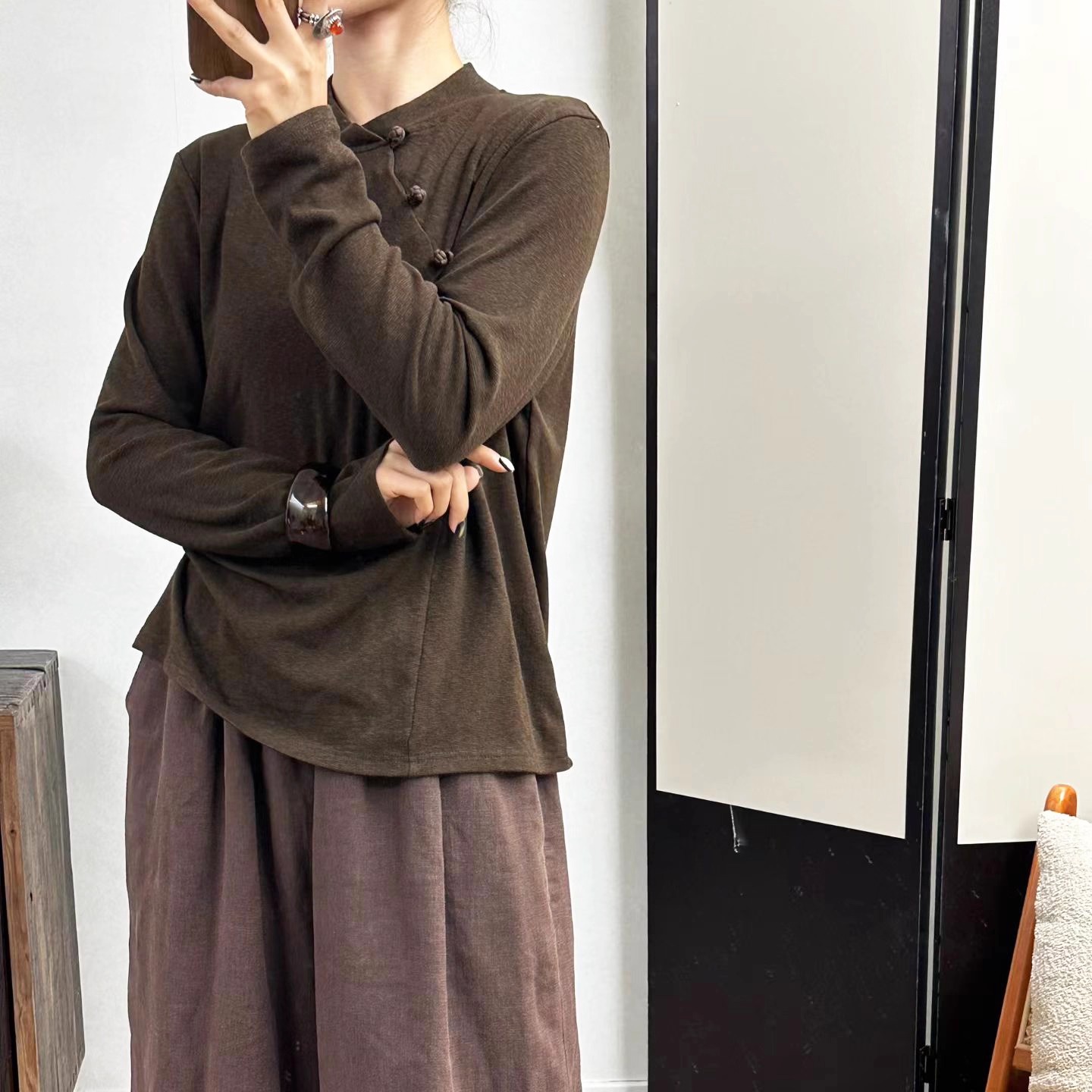 新中式斜襟盘扣打底衫纯色上衣女