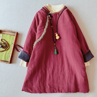 国风新中式冬季女装纯亚麻斜襟盘扣毛领夹棉加厚中长款棉衣棉袍女