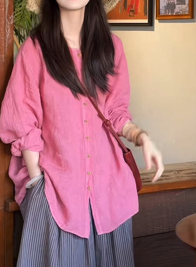 春夏100%亚麻褶皱纯色小衫上衣