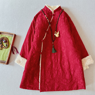 国风新中式纯亚麻提花斜襟盘扣毛领夹棉中长款棉衣棉服棉袄棉袍女