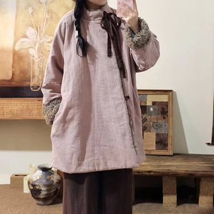 [新年礼物]亚麻加厚棉服设计款国风新中式中长款毛领夹棉棉衣棉袍