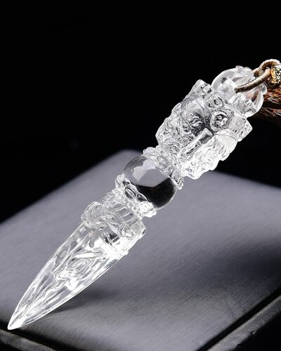 天然白水晶普巴杵三面金刚降魔杵吊坠原矿精雕复古饰品挂件无优化