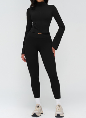 LOLA SANA黑色长袖立领瑜伽套装女 瑜伽紧身裤提臀修身健身运动