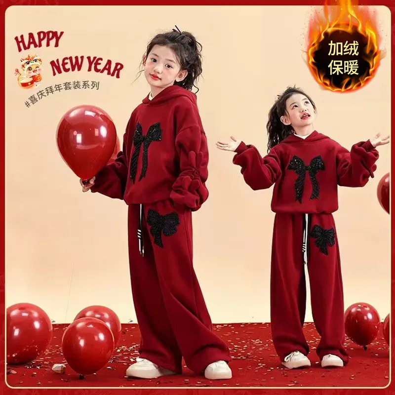 女童本命年套装儿童秋冬加绒红色过年春节衣服连帽卫衣拜年服