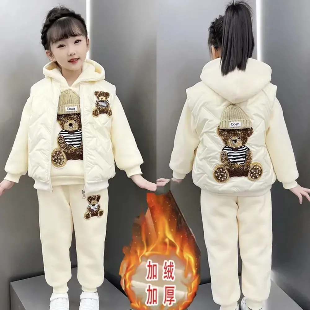 女童套装秋冬装2025新款洋气加绒加厚儿童冬季卫衣女孩马甲三件套