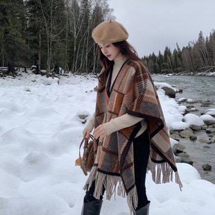 法式格子流苏斗篷外套女秋冬季小个子披肩外搭苏黎世围巾披风大衣