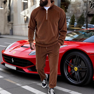 跨境秋冬男式半拉链立领加绒灯芯绒套装欧美休闲卫衣卫裤两件套潮