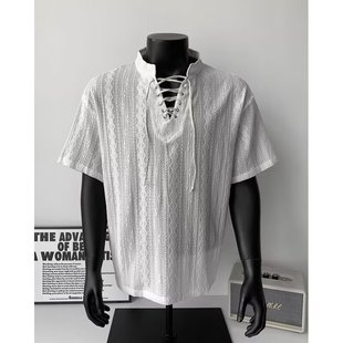 老钱风镂空绑带V领短袖恤男加肥大码潮牌感提花透气痞帅上衣短袖