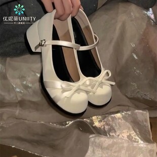 2026夏季小个子粗高跟厚底仙女风结玛丽珍鞋女白色圆头小单鞋时尚