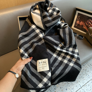 明星同款双面格纹黑色仿羊绒围巾柔软时尚长巾围脖男女款时尚潮