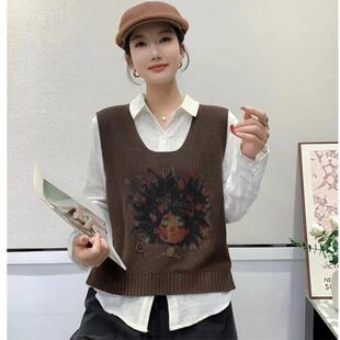 韩版春秋毛衣背心宽松圆领印花坎肩毛线潮chic针织套头马甲短款女
