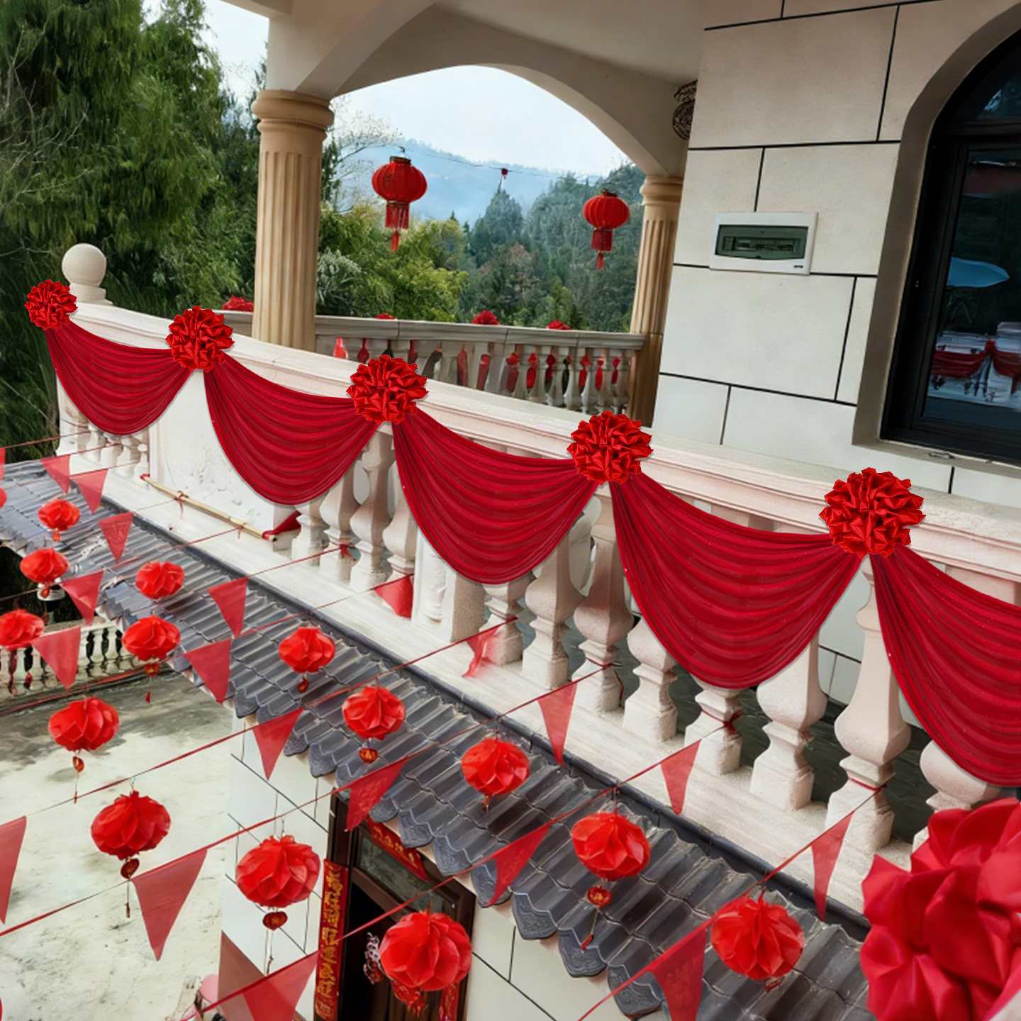 结婚喜字大红花球男方新房布置婚房装饰农村婚礼庭院阳台拉花套装