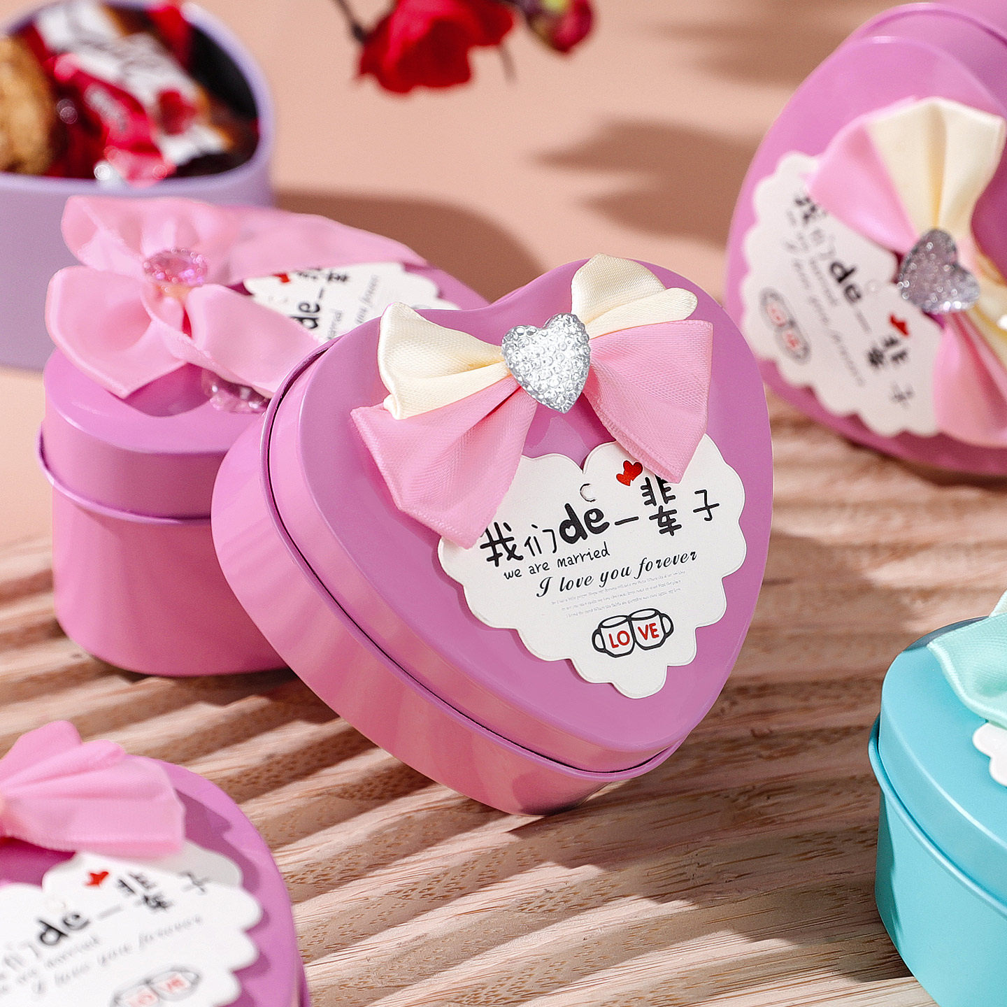 马口铁心形喜糖盒结婚创意包装盒婚礼伴手礼盒蝴蝶结礼品盒空盒子