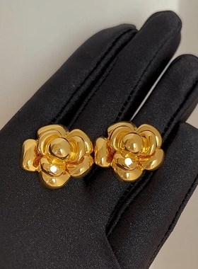 PDO 复古小众中古风山茶花经典重工花朵轻奢chic镜面简约气质耳环