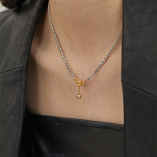 PDO 极简短头花轻奢链条拼接金色珠双头吊坠小众帅气锁骨项链休闲