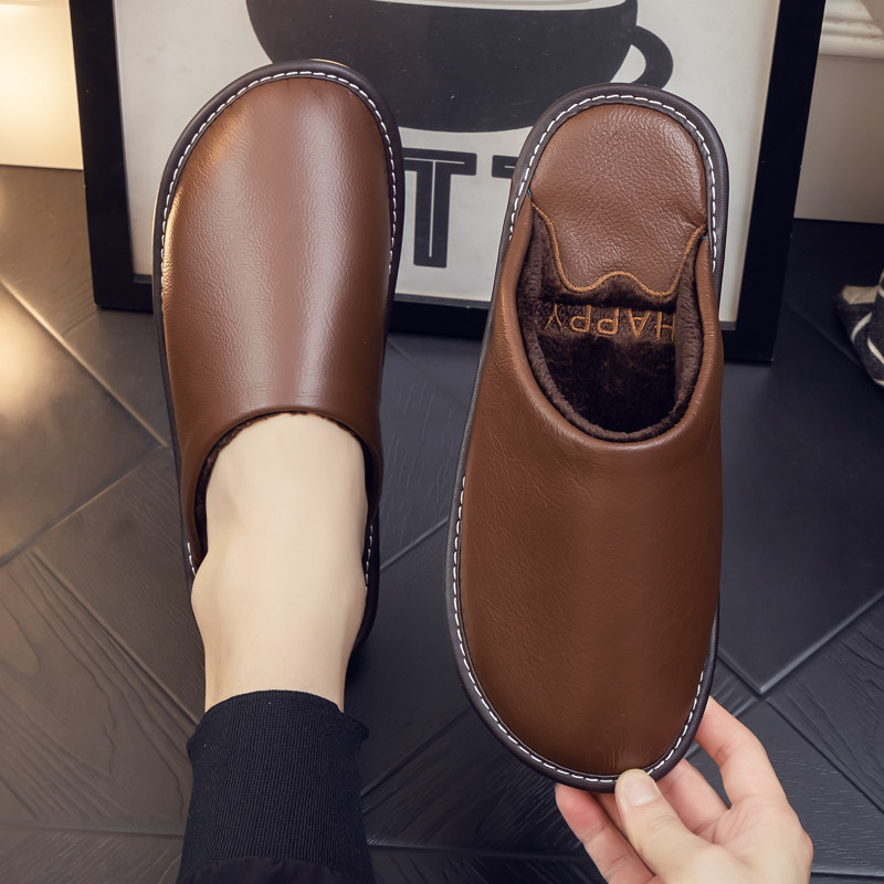 真皮居家棉拖鞋男女情侣秋冬季室内家用防滑纯牛皮保暖防水皮拖鞋