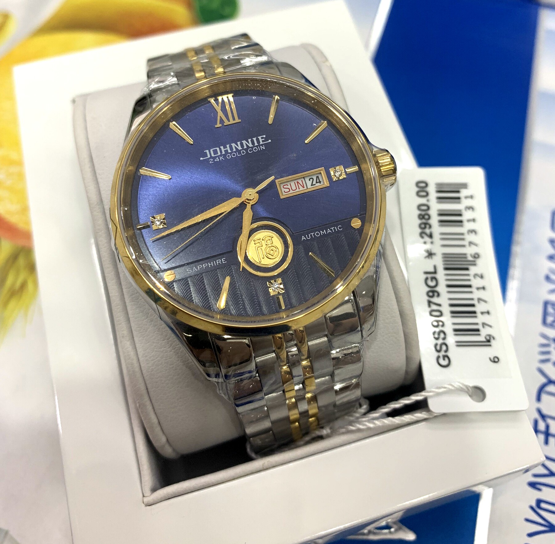 johnnte尊尼手表男全自动机械9079精钢防水6点位足金制品情侣对表