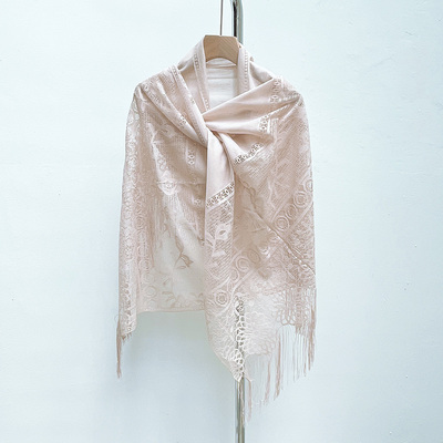 日单卡其色长款镂空网纱防晒围巾夏季轻薄空调房蕾丝大披肩2001