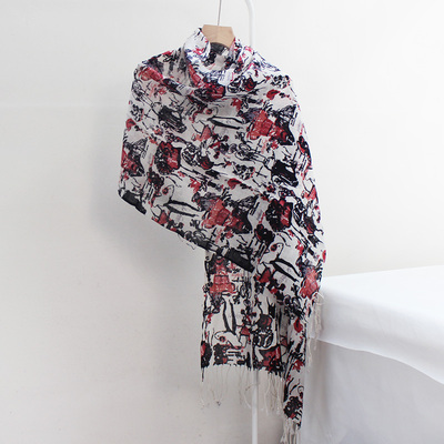 尾货斑驳的红与黑精纺羊毛围巾秋冬保暖全羊毛丝巾四季披肩1940