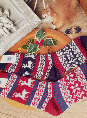 北欧风情圣诞袜麋鹿羊毛针织无骨秋冬加厚羊毛中筒堆堆短袜子情侣