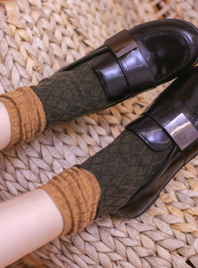 mmmnice立体毛呢秋冬复古拼色竖条菱格双针羊毛中筒袜堆堆袜子女