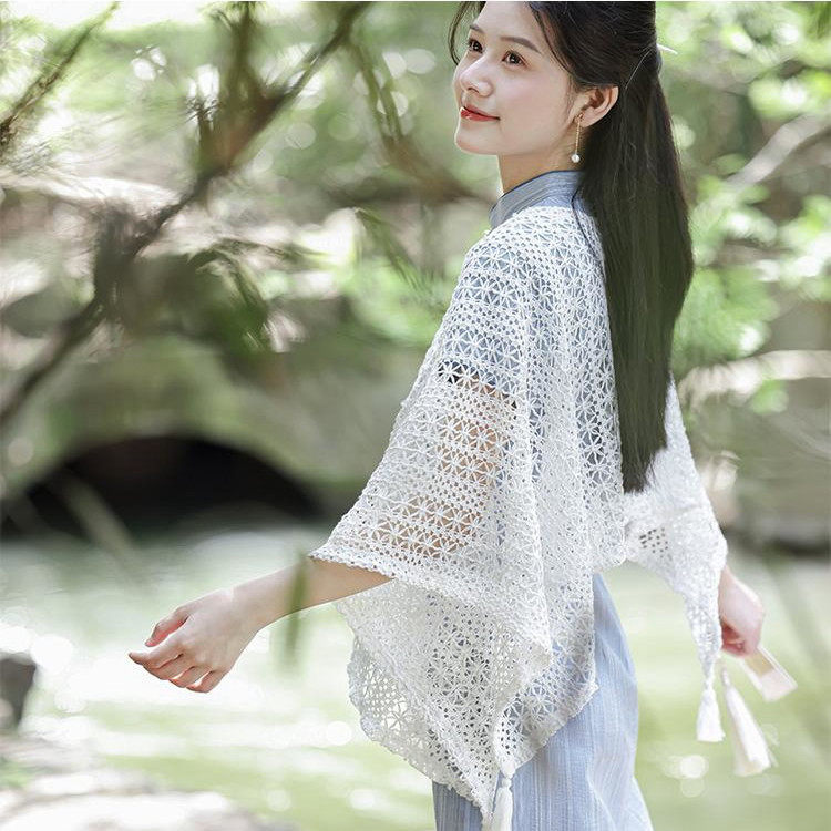 2025春秋森系复古新款蕾丝镂空流苏披肩外搭旗袍裙子罩衫开衫披风