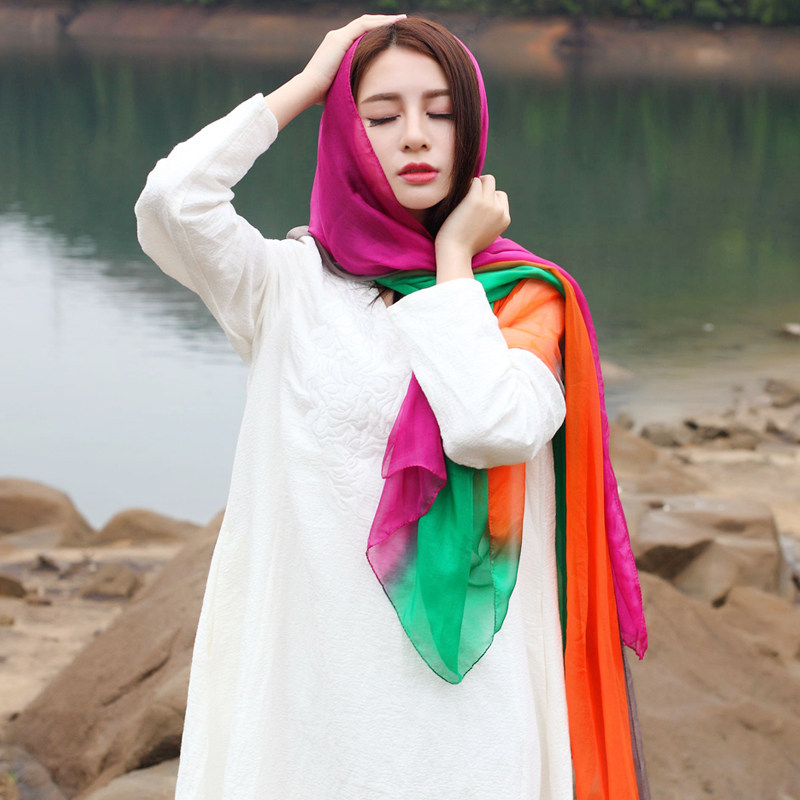 2025新款春秋真丝丝巾女旅游拍照纱巾披肩长款桑蚕丝渐变手绘围巾