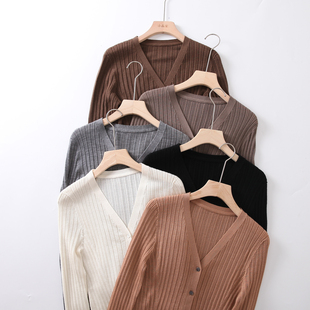 春秋新款坑条V领长袖修身针织开衫上衣女打底衫扬子纱48支100羊毛