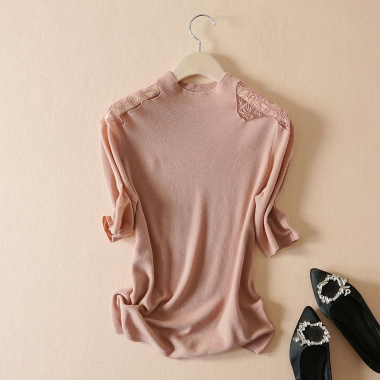 2025夏季新款减龄洋气气质肩部网纱刺绣羊毛打底薄款短袖针织衫女