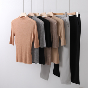 春夏新款 优雅简约气质水溶羊毛半高领半袖中袖打底针织衫上衣女
