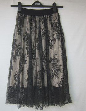 新款黑色蕾丝撞色高腰松紧腰百搭过膝中长裙