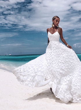 原创设计 豪华度假超长拖地白色高腰连衣裙长裙 伴娘礼服LM-34