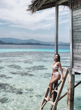 欧美运动性感高腰分体式针织白色包边泳衣粉色套装女 无胸垫LM85