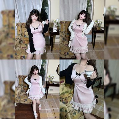 Hardcandy硬糖大码原创miu系甜美高级缎面粉月光 水钻吊带连衣裙