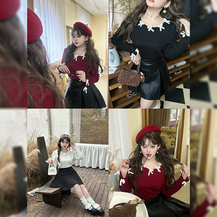 硬糖大码原创胖mm高弹闪闪针织蝴蝶结显瘦打底衫黑白红春秋新款